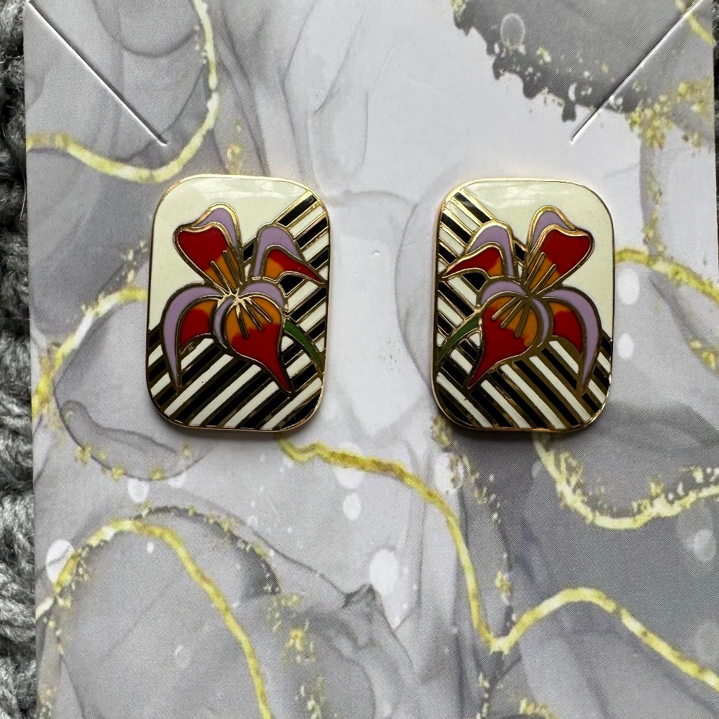 Signed Iris Laurel Burch Vintage Cloisonne Pierced Earrings 24$